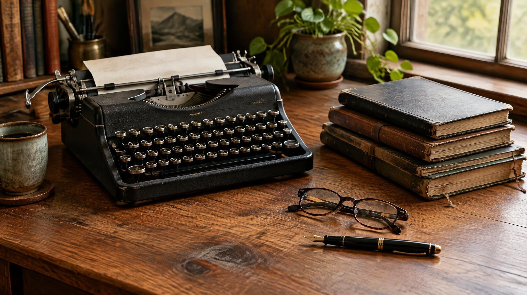 Writer's wooden desk with typewriter, notebooks, glasses and a pen