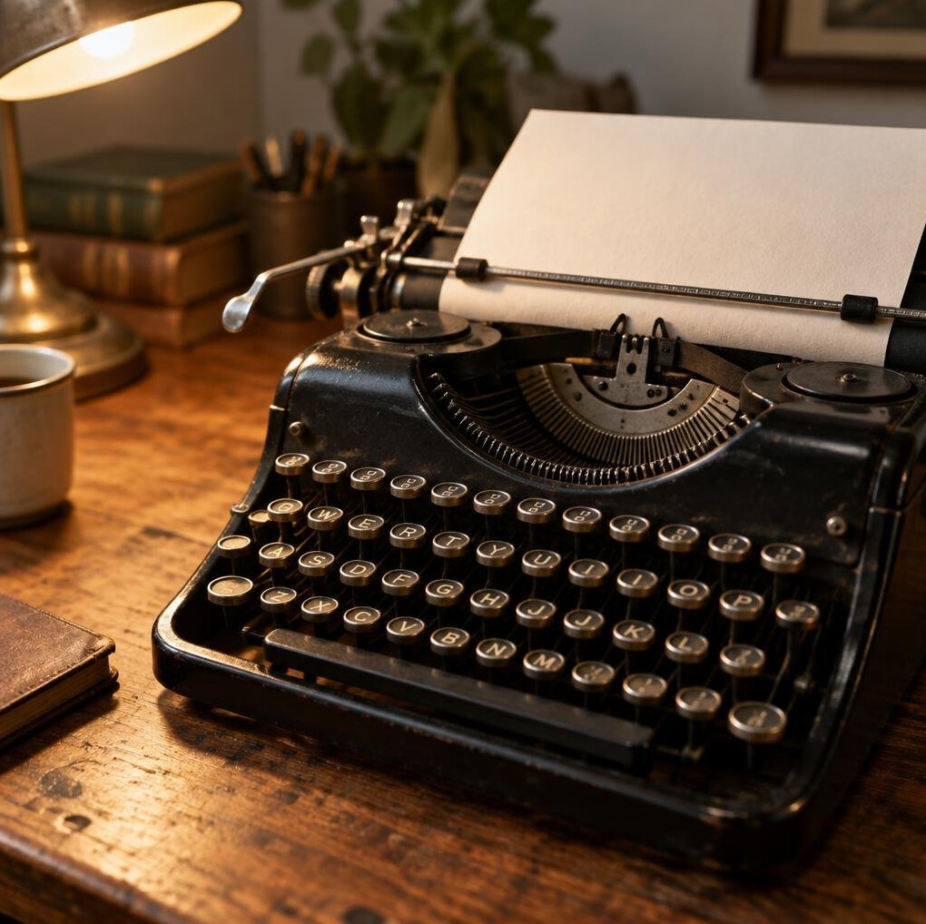 Close-up of a vintage typewriter on a wooden desk