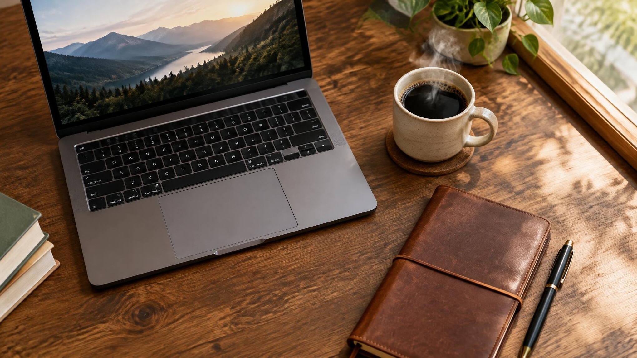 Laptop, coffee cup and notebook on a cozy wooden writing desk