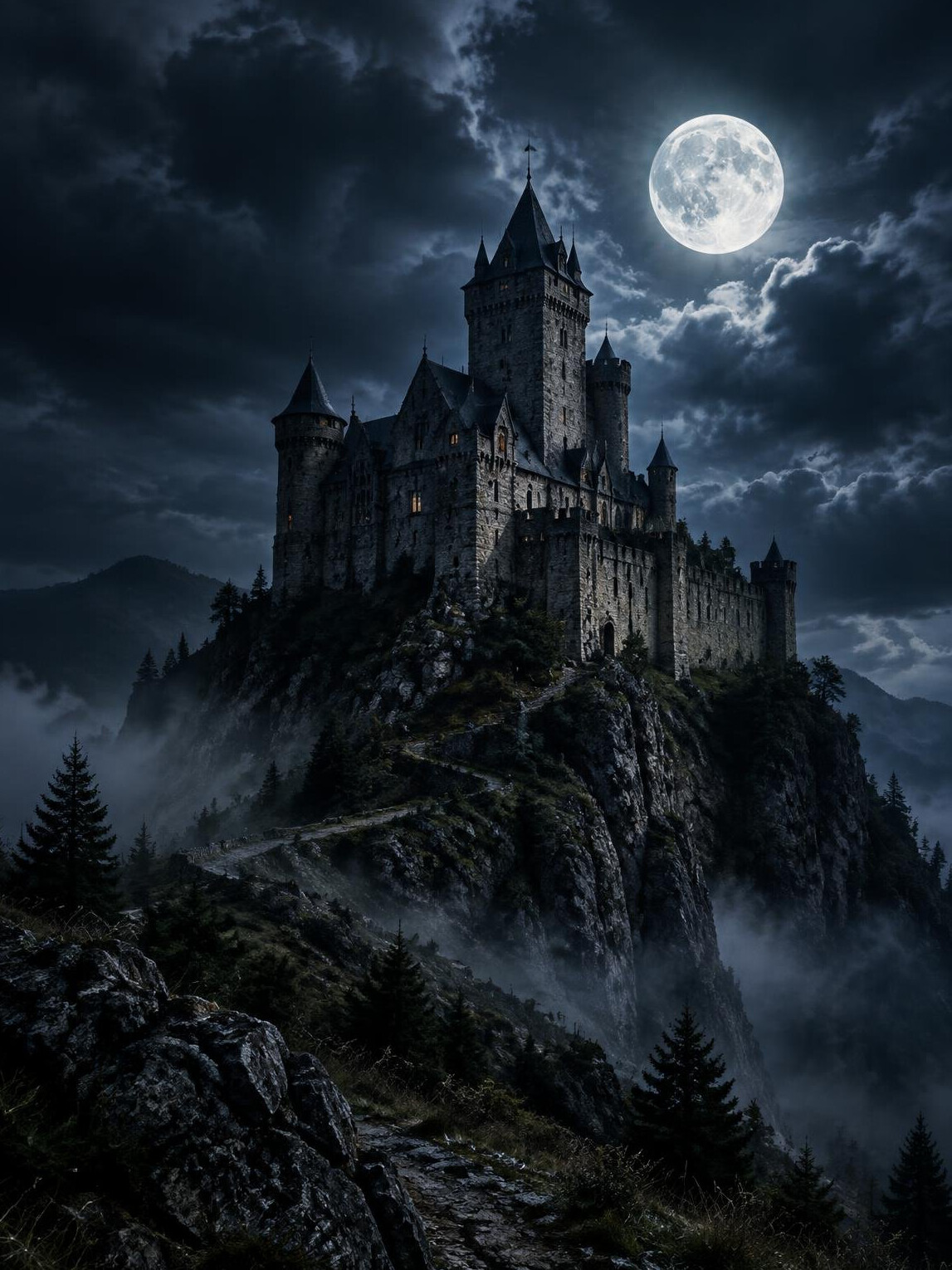 Old stone castle under moonlight for a mystery book cover