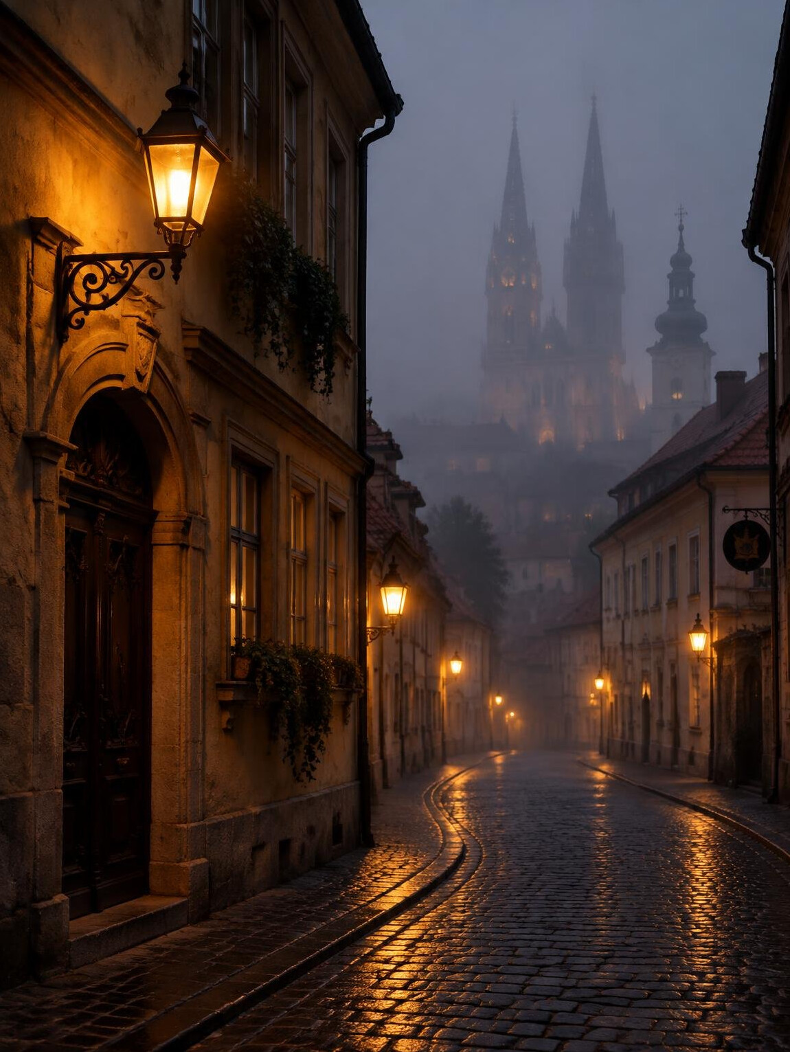 Historic Zagreb street covered in fog with lantern light