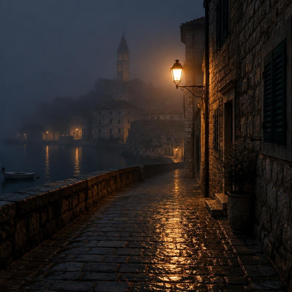 Foggy cobblestone street with a lit lamp in an old Croatian town at night