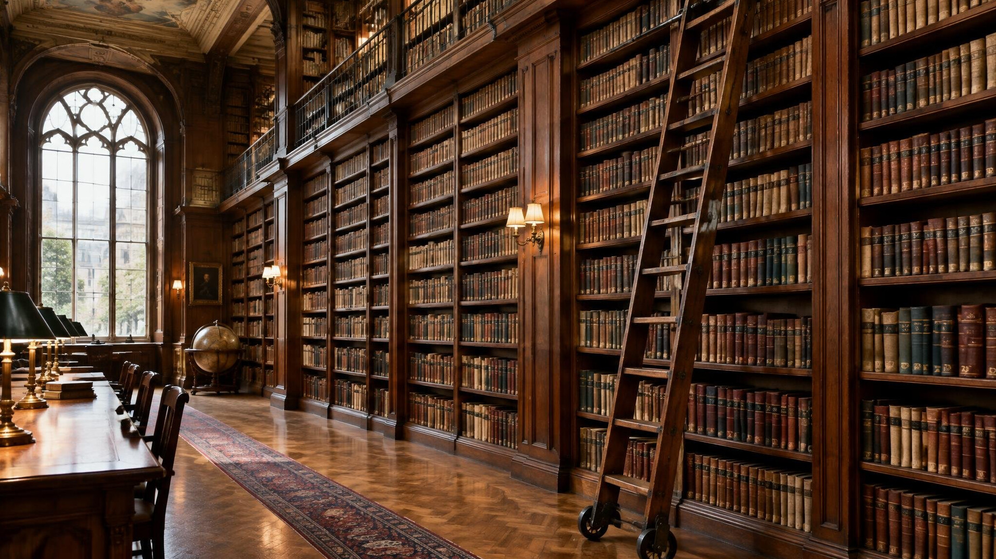 Interior of an old library with tall wooden bookshelves