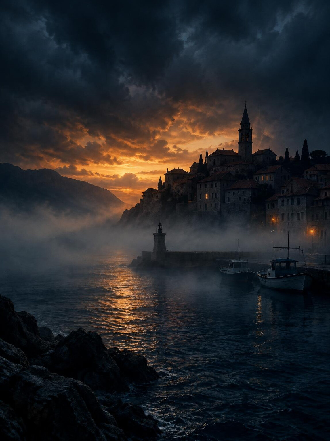 Dark silhouette of a foggy coastal town at dusk for a mystery book cover