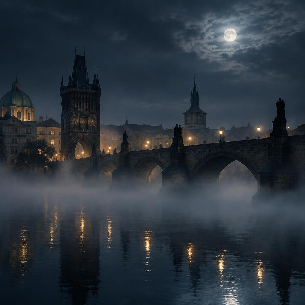 Old stone bridge over a river covered in night mist