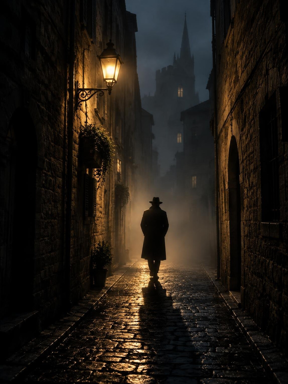 Silhouette of a person walking through a narrow lamplit alley at night
